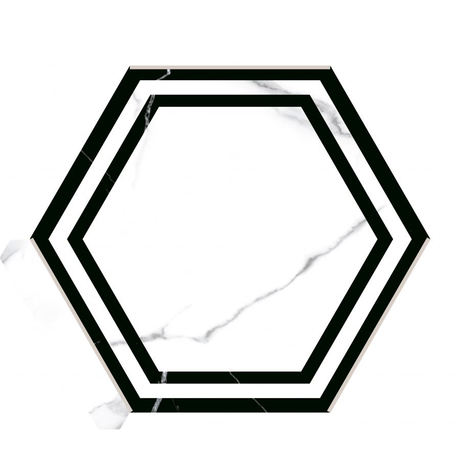 22x25 cm Avant Ontario Night fekete alapon fehér erezetes hexagon mintás prémium márványhatású járólap