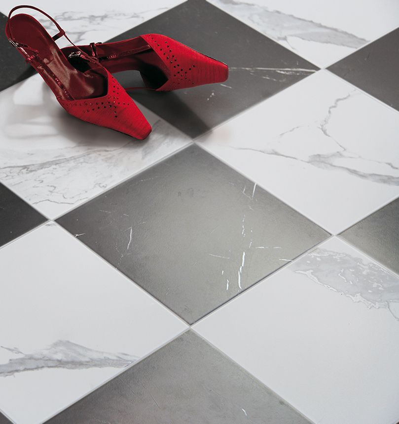 22,3x22,3 cm Mo Jónico Poetry fehér márványos fekete erezettel oktagon hatású matt járólap és csempe